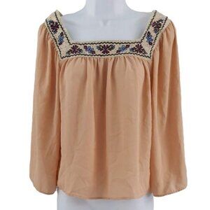 Flying Tomato Boho Top Blouse Peach Small Embroidered Square Neck Polyester